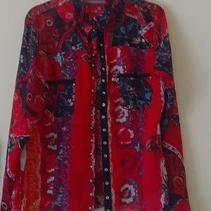 LeCaviar sheer red with multi colors snap down shirt with small studs! Med